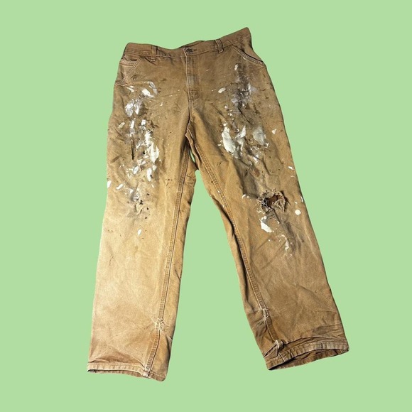 Y2K WORKWEAR LOOSE BAGGY CARHARTT LEATHER TAN PAINT DISTRESSED PANTS SIZE 36x32 - Picture 1 of 3